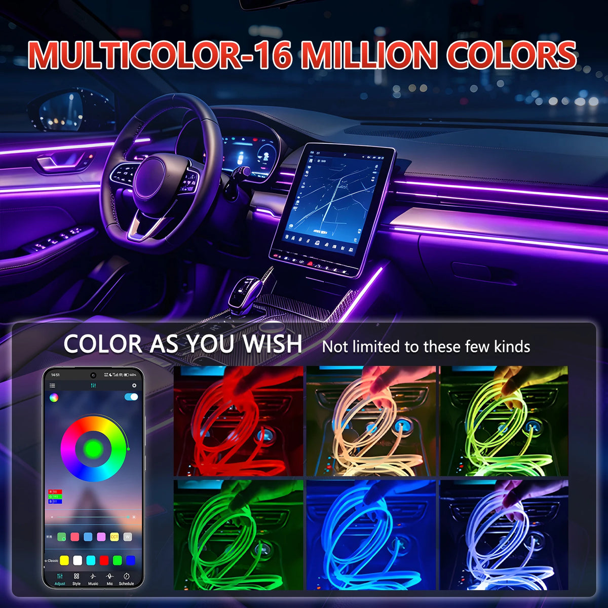 3m/4m/8m Car Ambient Lighting LED Car Interior Strip Light USB with RGB 16 Million Colors Fiber Optics Neon Decorative Lamp