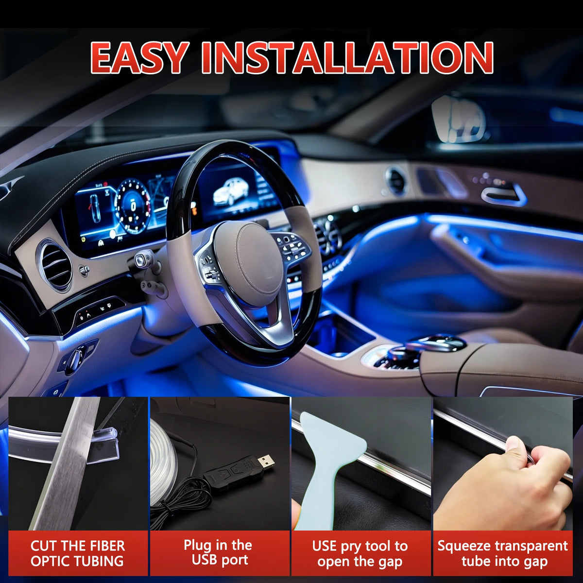3m/4m/8m Car Ambient Lighting LED Car Interior Strip Light USB with RGB 16 Million Colors Fiber Optics Neon Decorative Lamp